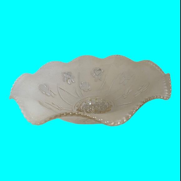 Jeanette Glass Ceiling Light Fixture IRIS HERRINGBONE Frosted Ruffled Shade 12” - Picture 5 of 13